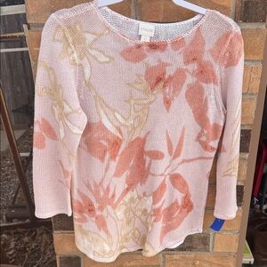Chico's Women's Sweater - Pink and Gold Floral